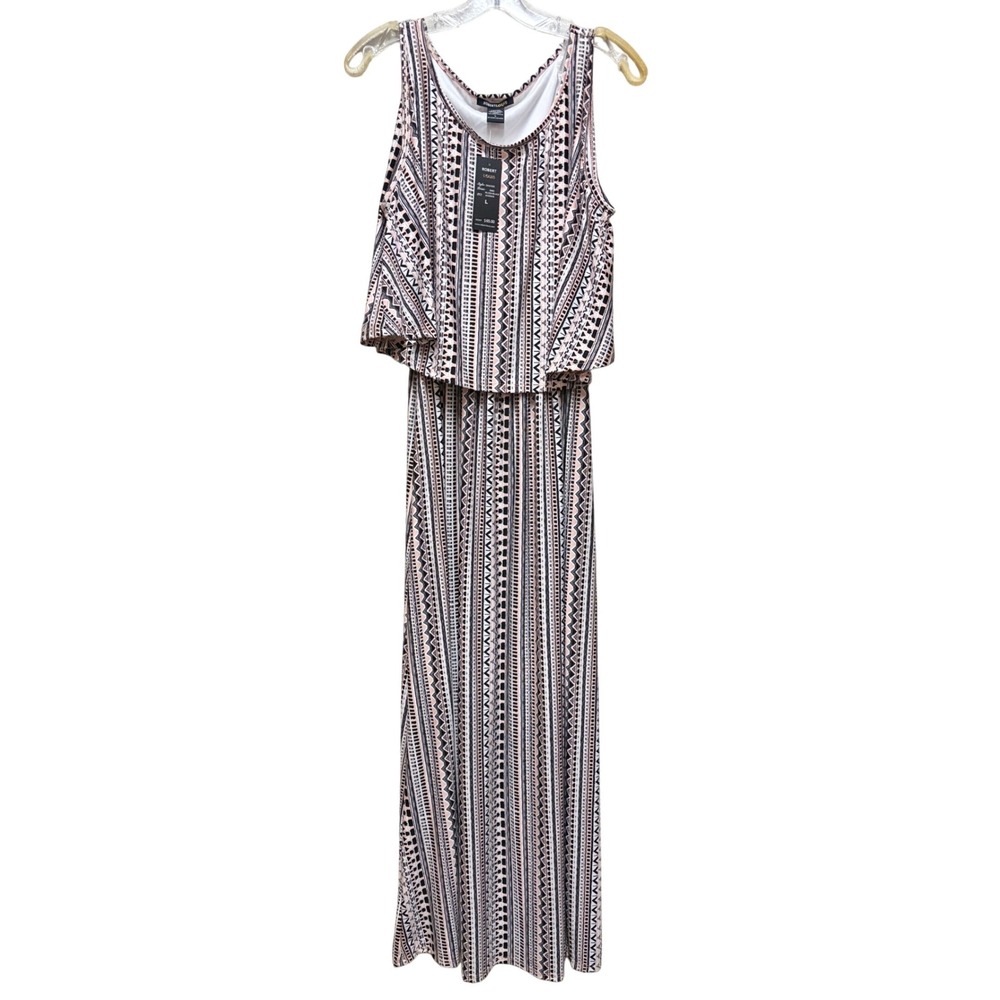 Robert Louis Blush Black Geometric Tribal Popover Maxi Dress NWT Large SK6259E